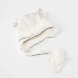 Cat & Jack Unisex Baby White Fleece Hat & Mittens Set Size 6-12 Months - Picture 1 of 1