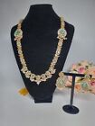 Indian Pakistani 2 piece gold Mala set with Mint Green stones And Pearl