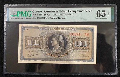 Greece/Greece Occupation WWII 1000 Drachmai 1942 P-118 PMG 65 EPQ Gem UNC - Image 1 of 2