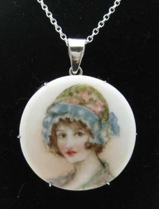 LOVELY ESTATE VINTAGE PRETTY LADY CERAMIC STERLING SILVER PENDANT NECKLACE, 20" - Picture 1 of 9