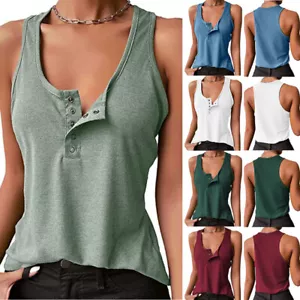 Women V Neck Tank Tops Summer Sleeveless Ribbed Button Casual Henley Shirts Tees - Picture 1 of 24