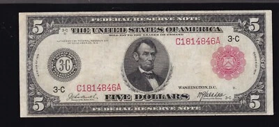 US 1914 $5 FRN Philadelphia Red Seal Note FR 834b VF (846) - Image 1 of 2