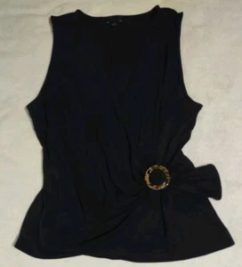 Ann Taylor Women's Sz M Black Sleeveless Ruched Front Deep V Top Tortoise Buckle - Picture 1 of 17