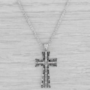 0.27ctw Black White Diamond Cross Pendant Necklace 10k White Gold 17"-19" - Picture 1 of 7