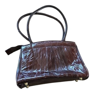 Cartera de mano plisada marrón caoba hecha a mano de piel de anguila genuina de colección Foto 1 de 4