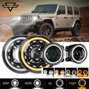 AUXBEAM For Jeep Wrangler JK 2007-2018 7" LED Headlights Turn Signal Fog Lights - Picture 1 of 12