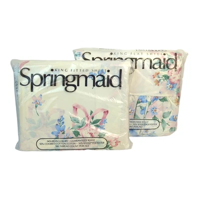 Vtg Springmaid King Sheet Set Flat & Fitted Floral Bridal Bouquet NOS New 1990s - Image 1 of 4
