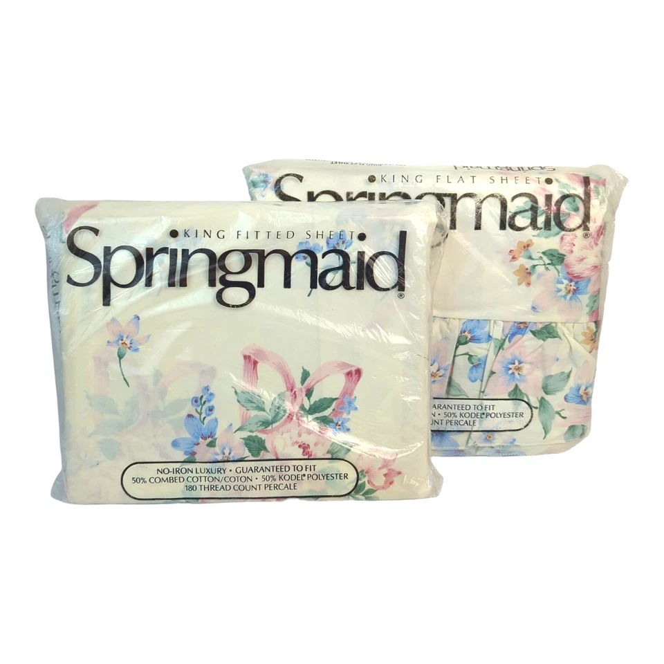 Vtg Springmaid King Sheet Set Flat & Fitted Floral Bridal Bouquet NOS New 1990s - Image 1 of 4
