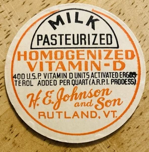 MILK BOTTLE CAP~H.E. JOHNSON SON DAIRY, RUTLAND, VT. PASTURIZED MILK - Picture 1 of 1