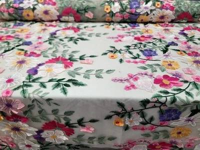 Fabric By The Yard Lace Embroidery Multicolor Pink Floral Off White Mesh Lace  - Image 1 of 4