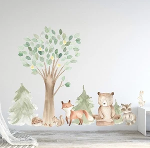Calcomanía de pared Woodland acuarela roble pino animales criaturas arte decoración - Imagen 1 de 5
