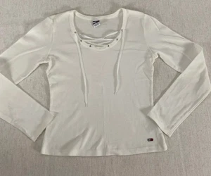 Tommy Jeans blusa top donna bianco medio stringato scollo a scoop manica lunga - Foto 1 di 13