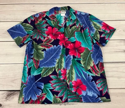 Vintage Hilo Hattie Hawaiian Shirt Tropical Hibiscus Palm L Missing top button - Image 1 of 4