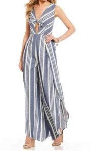 Coco + Jaimeson Linen Blend Tie Striped Blue Open Leg Jumpsuit Size Medium - Picture 1 of 13