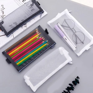Pencil Case Bag Office Mesh Zipper Pencil Pouch Bag School Stationery Kids G ❀ - Picture 1 of 16