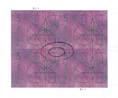 CANCELED POSTAL COUNTERFEIT SHEETLET FOR STUDY $5 FLORAL GEOMETRY - Image 1 of 2