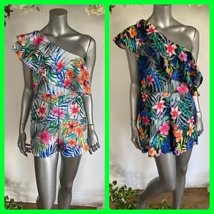 Playsuit Size 8 14 16 & 18 One Shoulder Tropical Floral Thick White Black HB82 - Picture 1 of 12