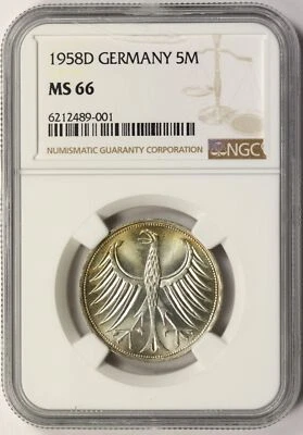 1958-D Germany Silver 5 Mark NGC MS66 - Image 1 of 4