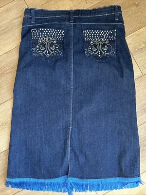 Out Jeans Denim Skirt Women’s 12 Rhinestone Back Pocket Slit Stretch - Image 1 of 4