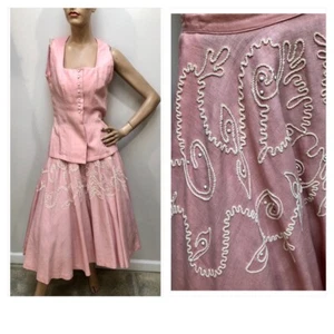 VTG 1940s NEW LOOK *PINK LINEN STUDDED w/SOUTACHE* Circle Skirt SUIT - Picture 1 of 9