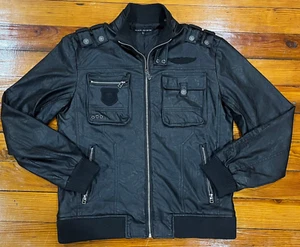 Affliction Black Premium Faux Leather Jacket Motorcycle Military Men's Size L - Picture 1 of 11