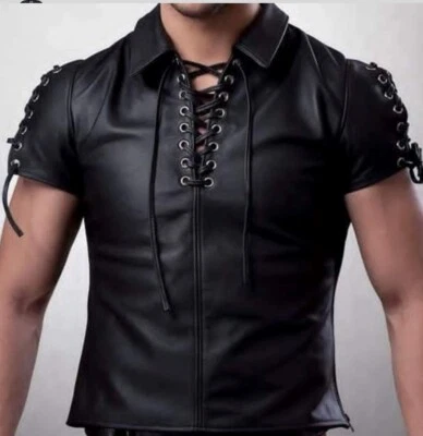 Men's Real Leather Short Sleeve Laces Up Closure Shirt Available in 8 Colors - Image 1 of 2