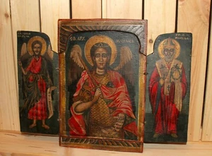 Vintage religious hand painted triptych icon Archangel Michael - Picture 1 of 7