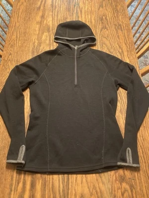 IBEX Merino Wool 1/4 Zip Hooded Pullover Black Women’s Medium USA Made - Image 1 of 4