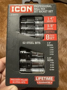 ICON 1/4" & 3/8" Drive Professional METRIC Ball Hex 8 pc. Socket Set Chrome NEW - Bild 1 von 2
