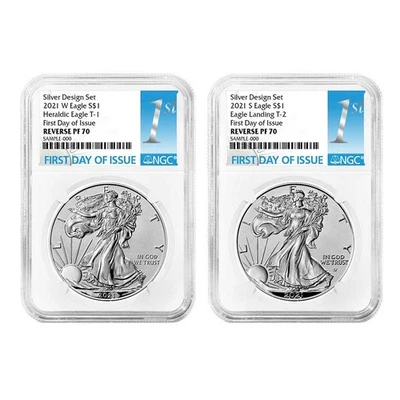 2021 Reverse Proof American Silver Eagle Designer 2pc Set NGC PF70 FDI First - Imagem 1 de 3