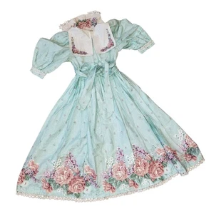 DAISY KINGDOM Sz 8 Vtg Pastel Teal Pink Floral Bib Collar Pageant Midi Tie Dress - Picture 1 of 15