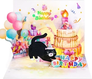 Birthday Cards, Cute Cat MUSIC & LIGHTS & BLOWABLE CANDLE Funny Pop up Happy ... - Picture 1 of 6