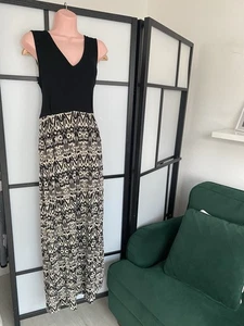 HOBBS Size 12 BLACK & BEIGE tribal design black waisted tie PRINT MAXI DRESS - Picture 1 of 9