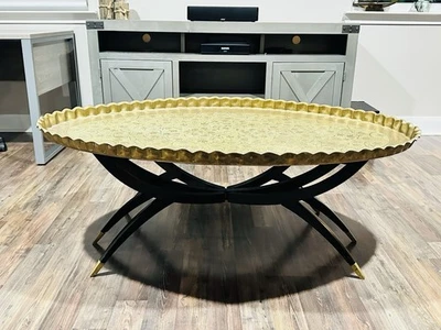 Mid Century Oval Brass Tea Tray Moroccan Coffee Table With Spider Legs - Image 1 of 4