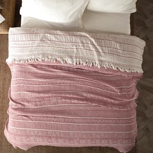 Natural Muslin Cotton 4 Layer Reversible Blanket, Bedspread, Quilt with Tassels - Picture 1 of 5