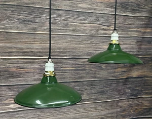 PAIR 2 REWIRED Vtg Industrial Pendant Light Art Deco Green Porcelain Enamel Barn - Picture 1 of 24