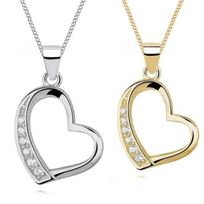 Damen Halskette Zirkonia Herz Anhänger Halskette 925 Silber Gold Mädchen Kette - Bild 1 von 4