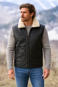 Men's Brown Sheepskin Leather & Real Shearling Fur Gilet Vest Jacket XXS - 6XL - Picture 1 of 4