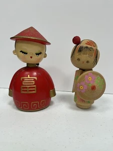 2er Set Vintage asiatische Holzfiguren, Kawaii Kokeshi und Bobble Head Bank - Bild 1 von 7