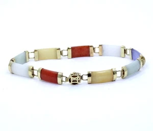 Heng Ngai HN China JADEITE Green Red Lavender Yellow Jade 14k Gold Link Bracelet - Picture 1 of 7