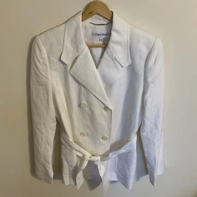 *全新带标签* Calvin Klein 亚麻混纺双排扣腰带西装外套白色,10 码 — 第 1/4 张图片