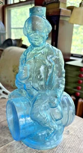 Vintage Tiara Blue Glass Jolly Drunk On Barrel Figuraal Bottle Whiskey Decanter - Picture 1 of 8