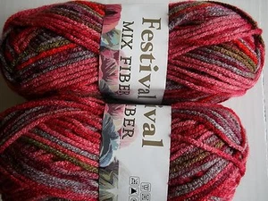 Festival Mix Fiber bulky yarn, variegated pink/red/purple/tan, lot of 2 - Picture 1 of 2