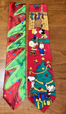 Lote de 2 Gravatas de Pescoço de Natal Natal -Árvore Vermelha Verde - Seda/Poliéster J Garcia e Amendoim - Imagem 1 de 4