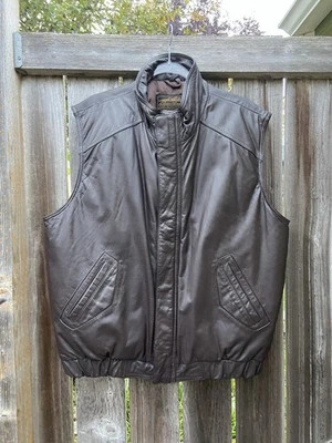 Y2K Vintage Eddie Bauer Leather Bomber Zip Up Vest Goose Down Brown XL 90s - Image 1 of 4