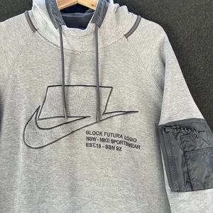 Vintage Nike Hoodie Mens Large Futura Grey Pullover Sweatshirt Embroidered Baggy - Picture 1 of 11