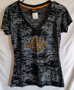 Harley Davidson Black / Gray Sheer See-Through V-Neck Top Bling Size Medium - Picture 1 of 5