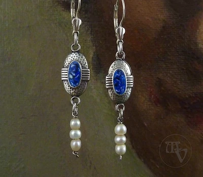 Große Silber Ohrringe Ohrhänger Vintage Art Deco Stil Emaille & Perlen - Bild 1 von 4