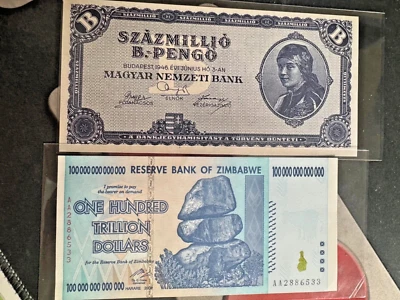 🇿🇼 ZIMBABWE 100 TRILLION /🇭🇺 HUNGARIAN 100 QUINTILLION COMBO - UNCIRCULATED - Image 1 of 4