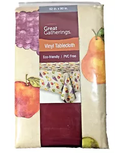 Fruit Tablecloth Apples Grapes Peach on Tan Vinyl PVC-Free Wipe Clean 52 x 90-in - Picture 1 of 2